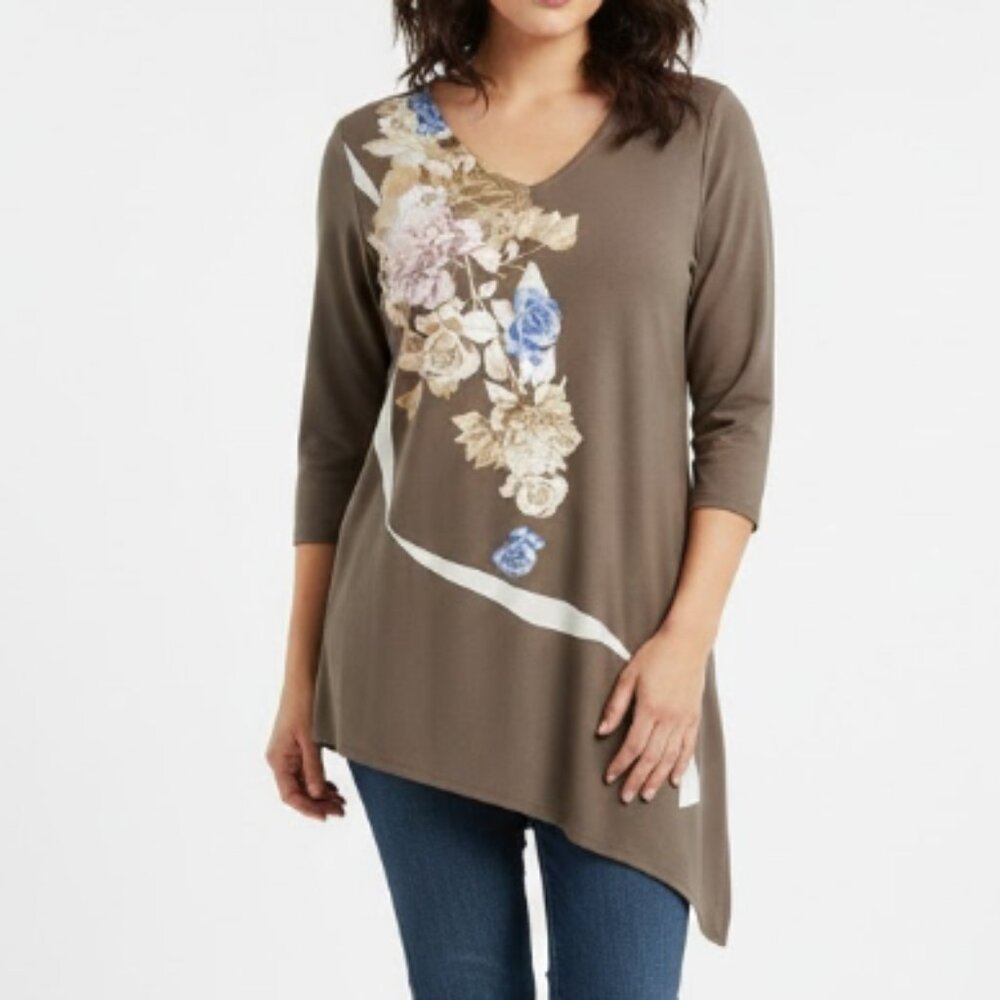 Chico's Brown Floral V Neck Stretch Asymmetric Hem Top‎ Large
